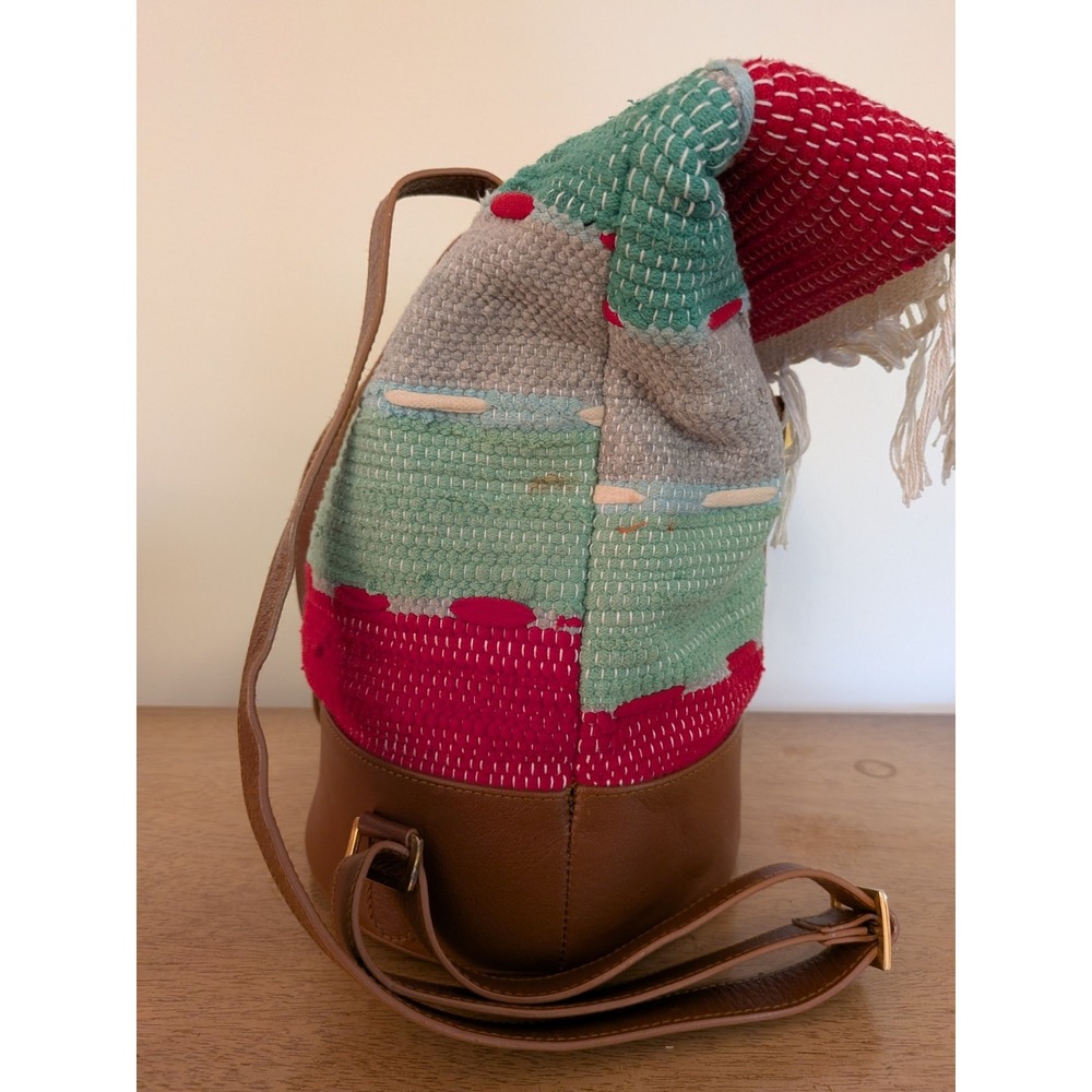 Boho Woven Textile Leather Bucket Backpack Fringe Multi-Color Striped Purse - Picture 4 of 14